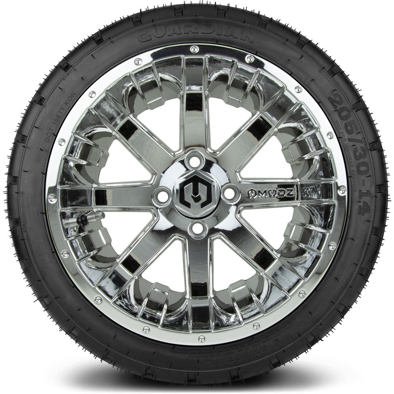 MODZ® 14" Assault Chrome Wheels & Street Tires Combo (Odyssey Tesseract Steel Belted Radial 215/50-14)