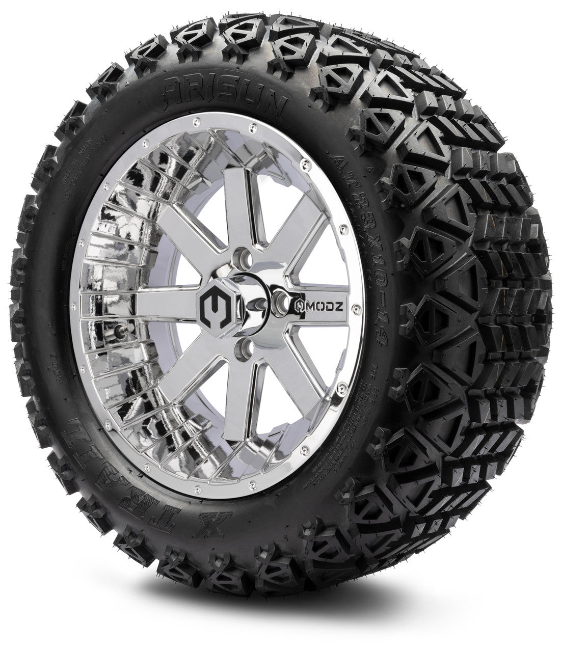 MODZ® 14" Assault Chrome Wheels & Off-Road Tires Combo (Arisun X-Trail All-Terrain 23x10-14)