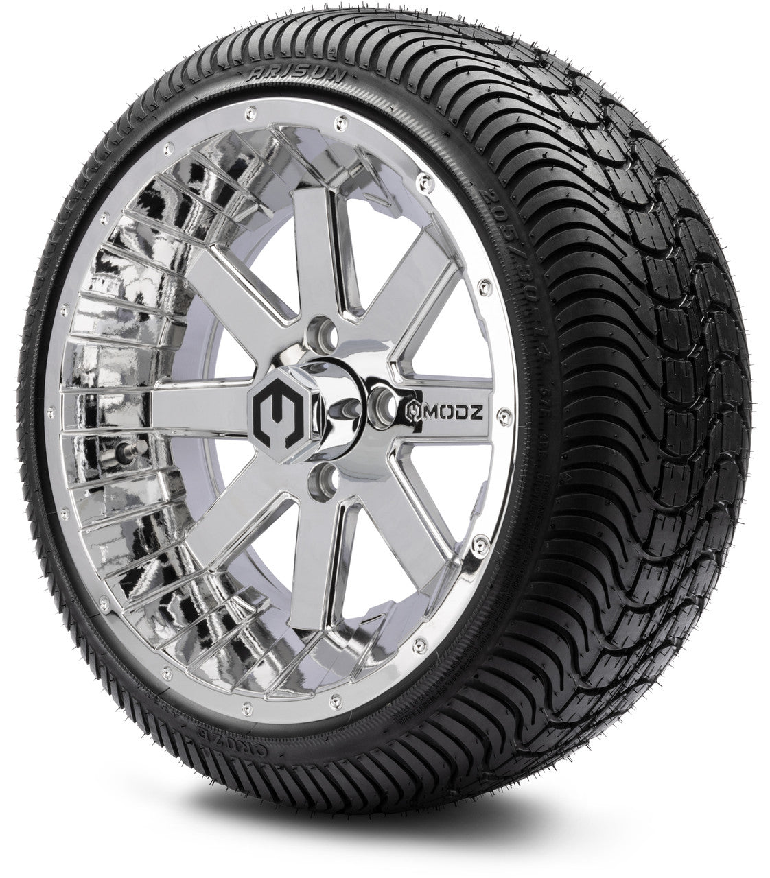 MODZ® 14" Assault Chrome Wheels & Street Tires Combo (Odyssey Tesseract Steel Belted Radial 215/35-14)