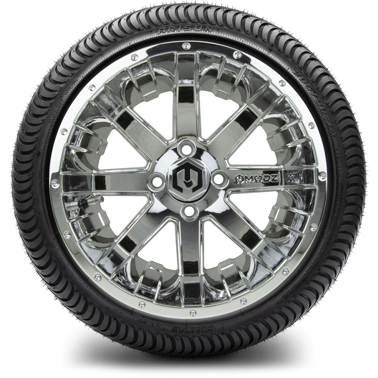 MODZ® 14" Assault Chrome Wheels & Street Tires Combo (Arisun Cruze 205/30-14)