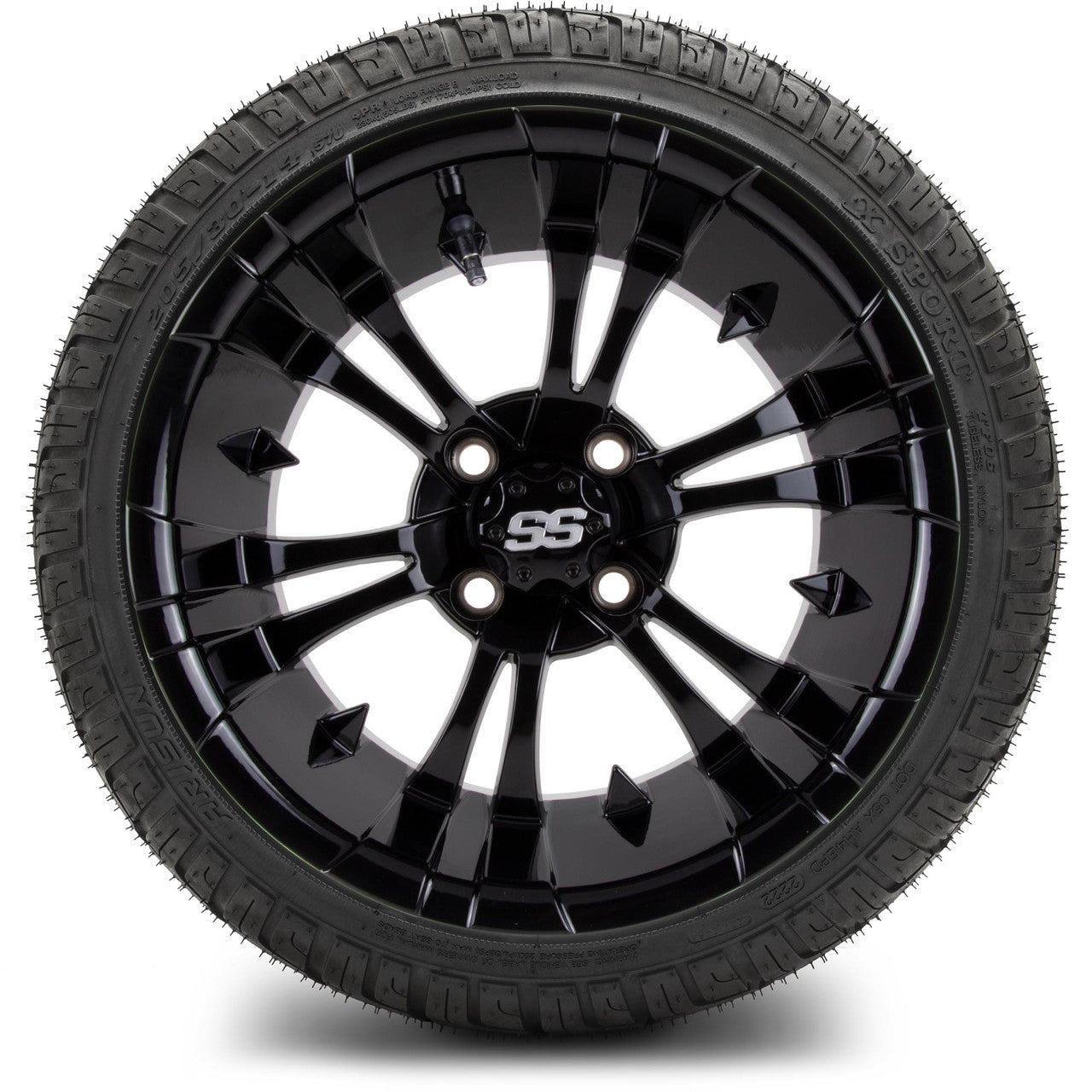 MODZ® 14" Vampire Glossy Black Wheels & Street Tires Combo (Odyssey Tesseract Steel Belted Radial 215/50-14)