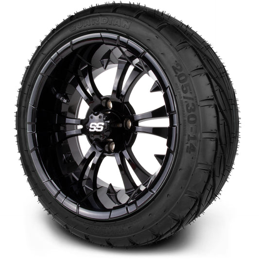 MODZ® 14" Vampire Glossy Black Wheels & Street Tires Combo (MODZ Guardian 205/30-14)