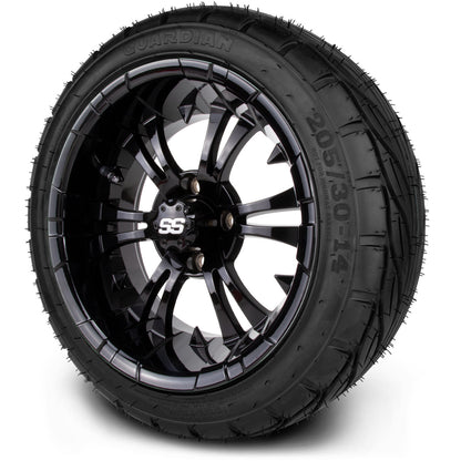 MODZ® 14" Vampire Glossy Black Wheels & Street Tires Combo (MODZ Street Fox Radial 205/40-14)