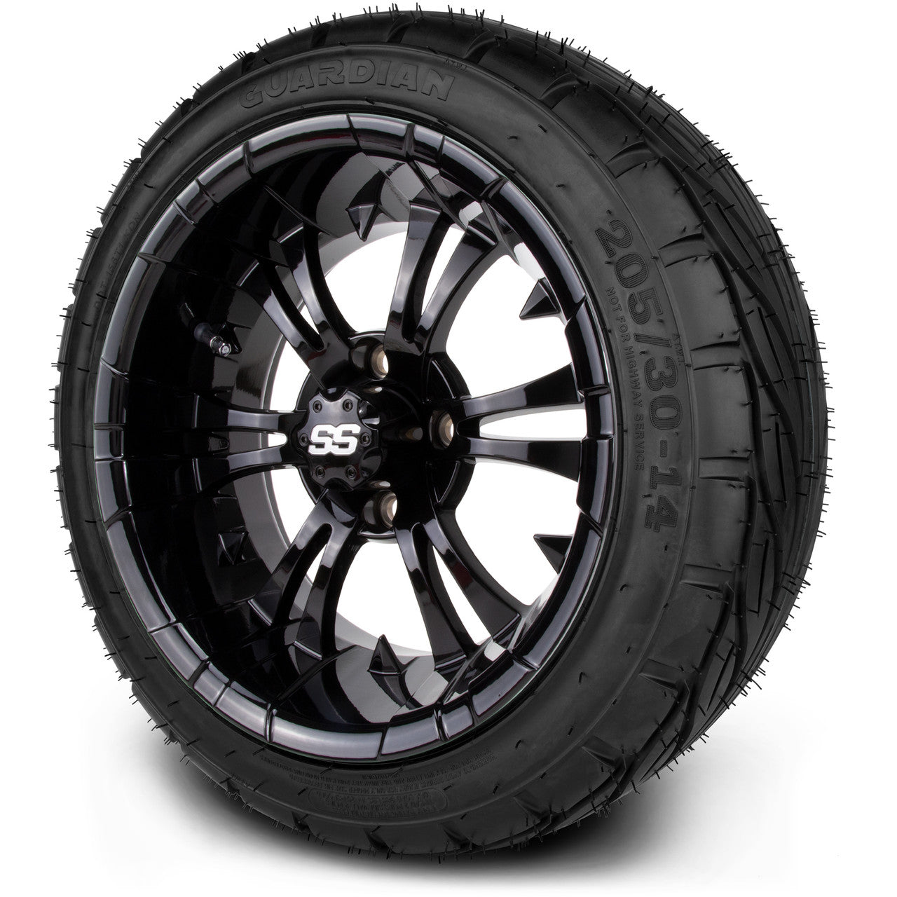 MODZ® 14" Vampire Glossy Black Wheels & Street Tires Combo (Odyssey Tesseract Steel Belted Radial 215/50-14)