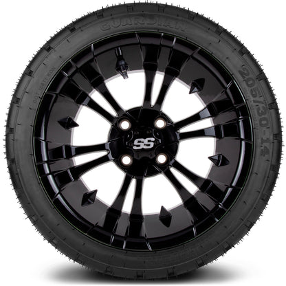 MODZ® 14" Vampire Glossy Black Wheels & Street Tires Combo (Odyssey Tesseract Steel Belted Radial 215/35-14)