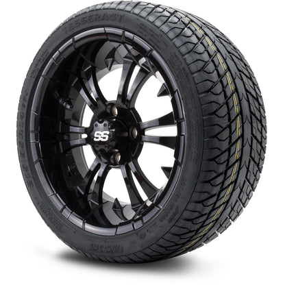 MODZ® 14" Vampire Glossy Black Wheels & Street Tires Combo (Odyssey Tesseract Steel Belted Radial 215/35-14)