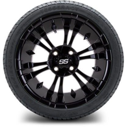 MODZ® 14" Vampire Glossy Black Wheels & Street Tires Combo (Odyssey Tesseract Steel Belted Radial 215/35-14)
