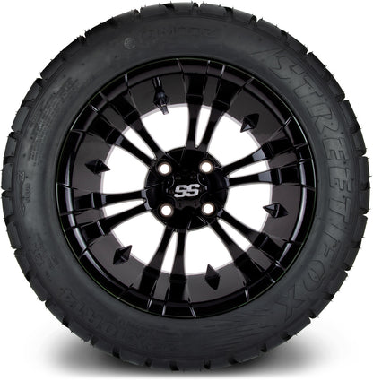 MODZ® 14" Vampire Glossy Black Wheels & Street Tires Combo (Arisun Cruze 205/30-14)