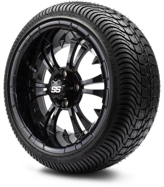 MODZ® 14" Vampire Glossy Black Wheels & Street Tires Combo (Arisun Cruze 205/30-14)