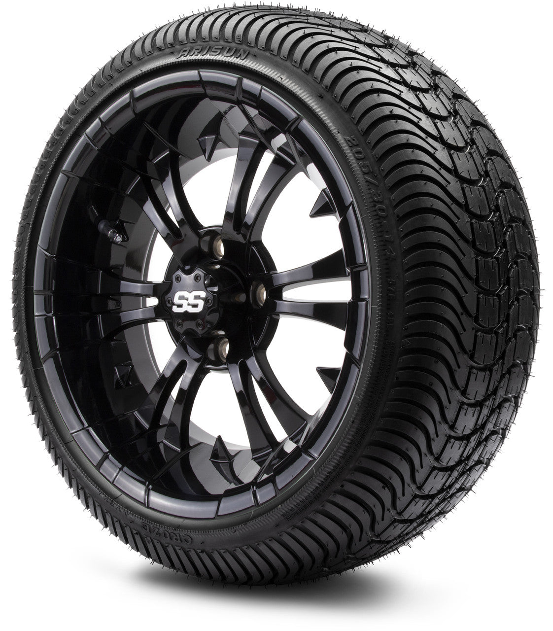 MODZ® 14" Vampire Glossy Black Wheels & Street Tires Combo (Odyssey Tesseract Steel Belted Radial 215/35-14)