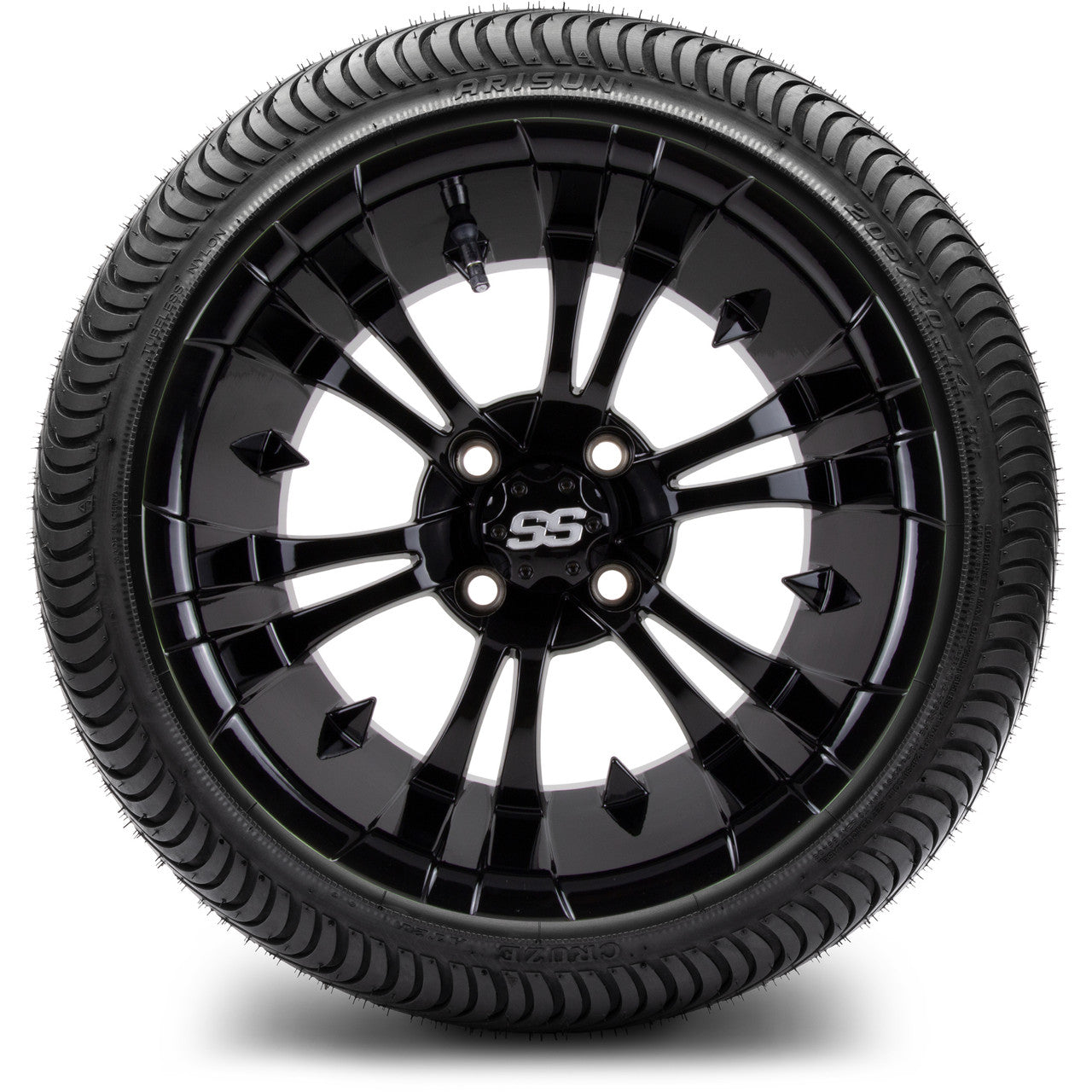 MODZ® 14" Vampire Glossy Black Wheels & Street Tires Combo (Odyssey Tesseract Steel Belted Radial 215/50-14)