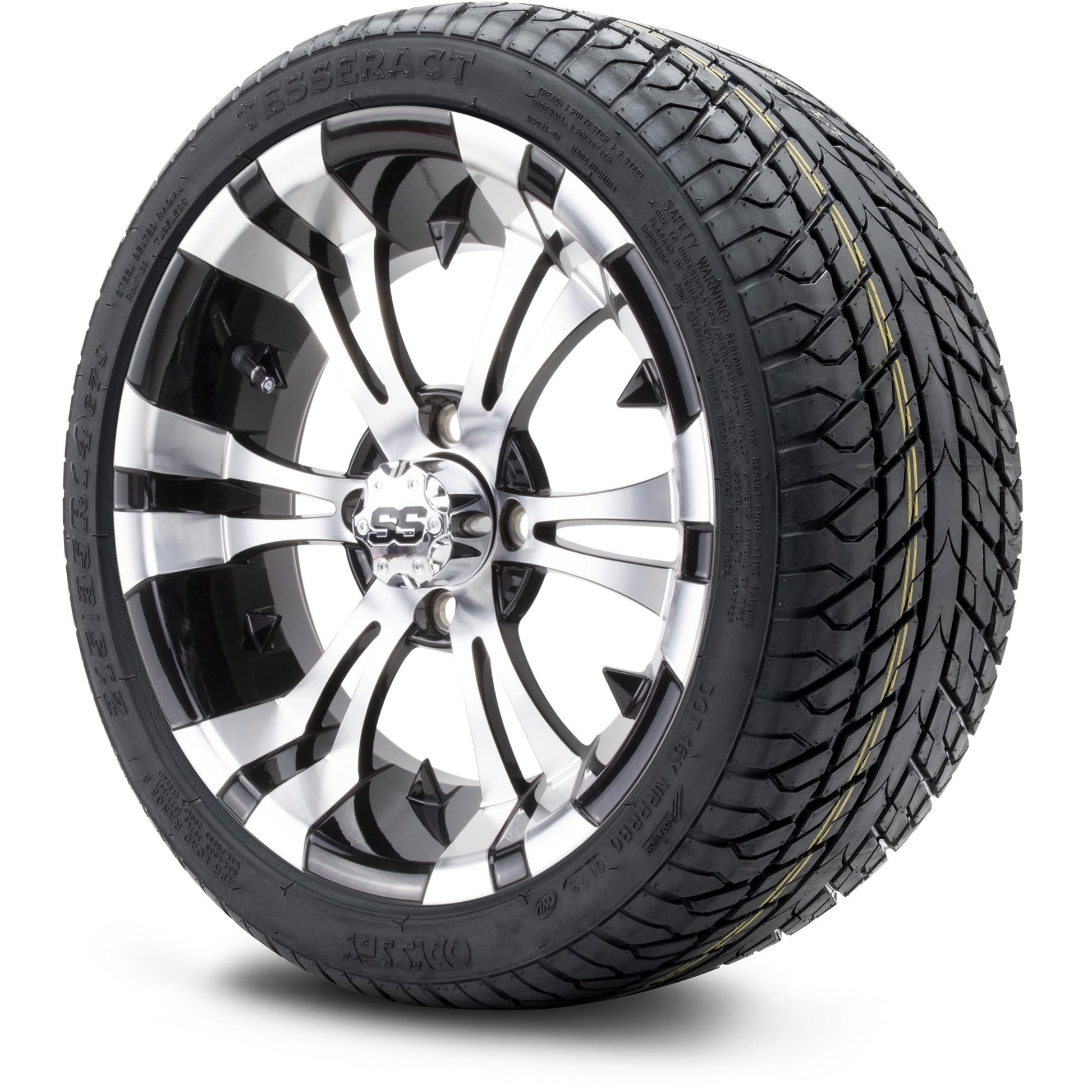 MODZ® 14" Vampire Machined Black Wheels & Street Tires Combo (Odyssey Tesseract Steel Belted Radial 215/35-14)
