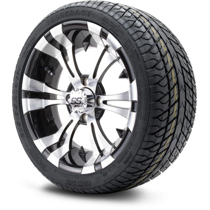 MODZ® 14" Vampire Machined Black Wheels & Street Tires Combo (Odyssey Tesseract Steel Belted Radial 215/35-14)