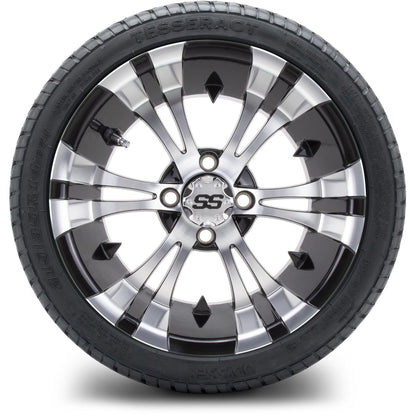 MODZ® 14" Vampire Machined Black Wheels & Street Tires Combo (Odyssey Tesseract Steel Belted Radial 215/35-14)