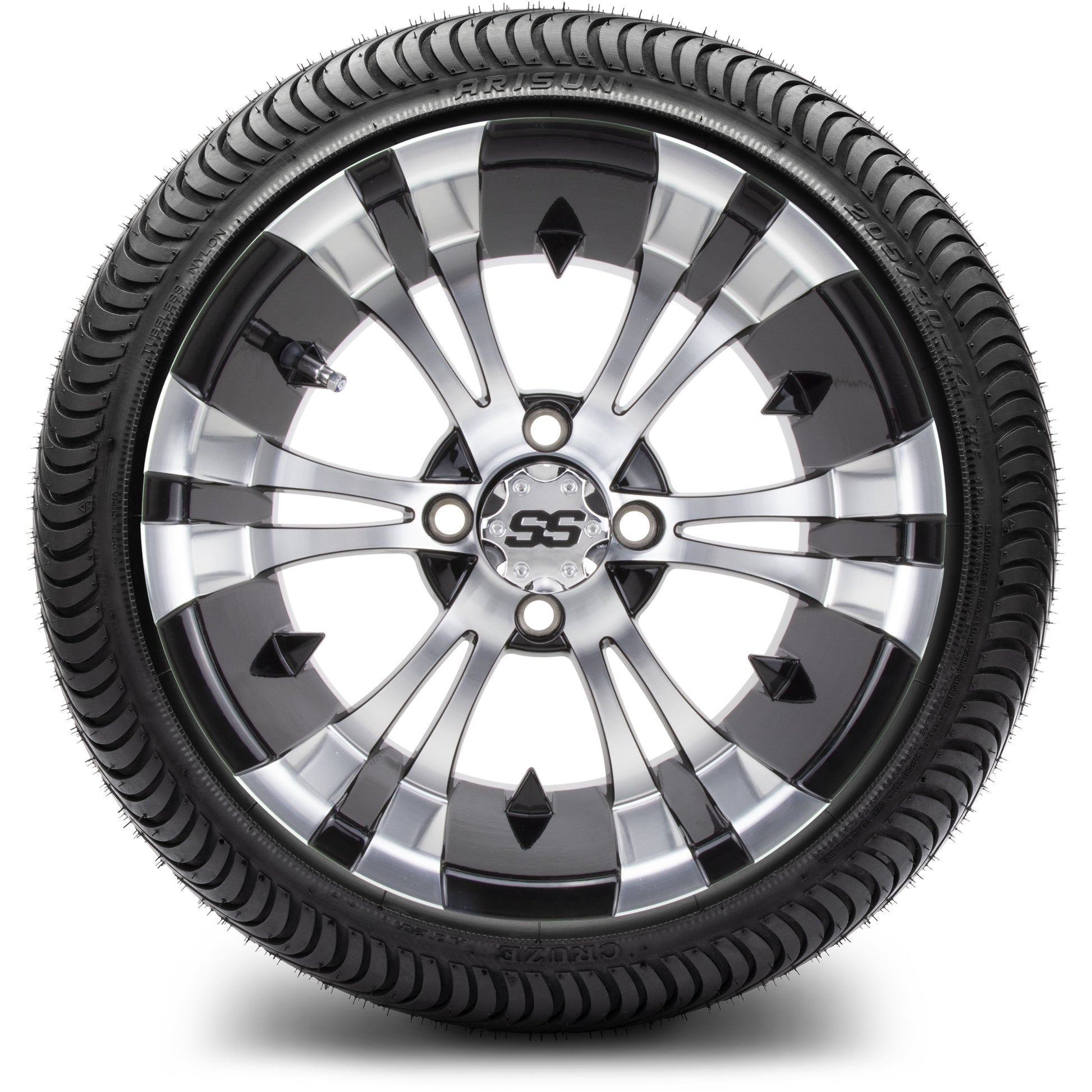 MODZ® 14" Vampire Machined Black Wheels & Street Tires Combo (Odyssey Tesseract Steel Belted Radial 215/35-14)