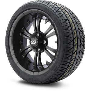 MODZ® 14" Vampire Matte Black Wheels & Street Tires Combo (Odyssey Tesseract Steel Belted Radial 215/35-14)