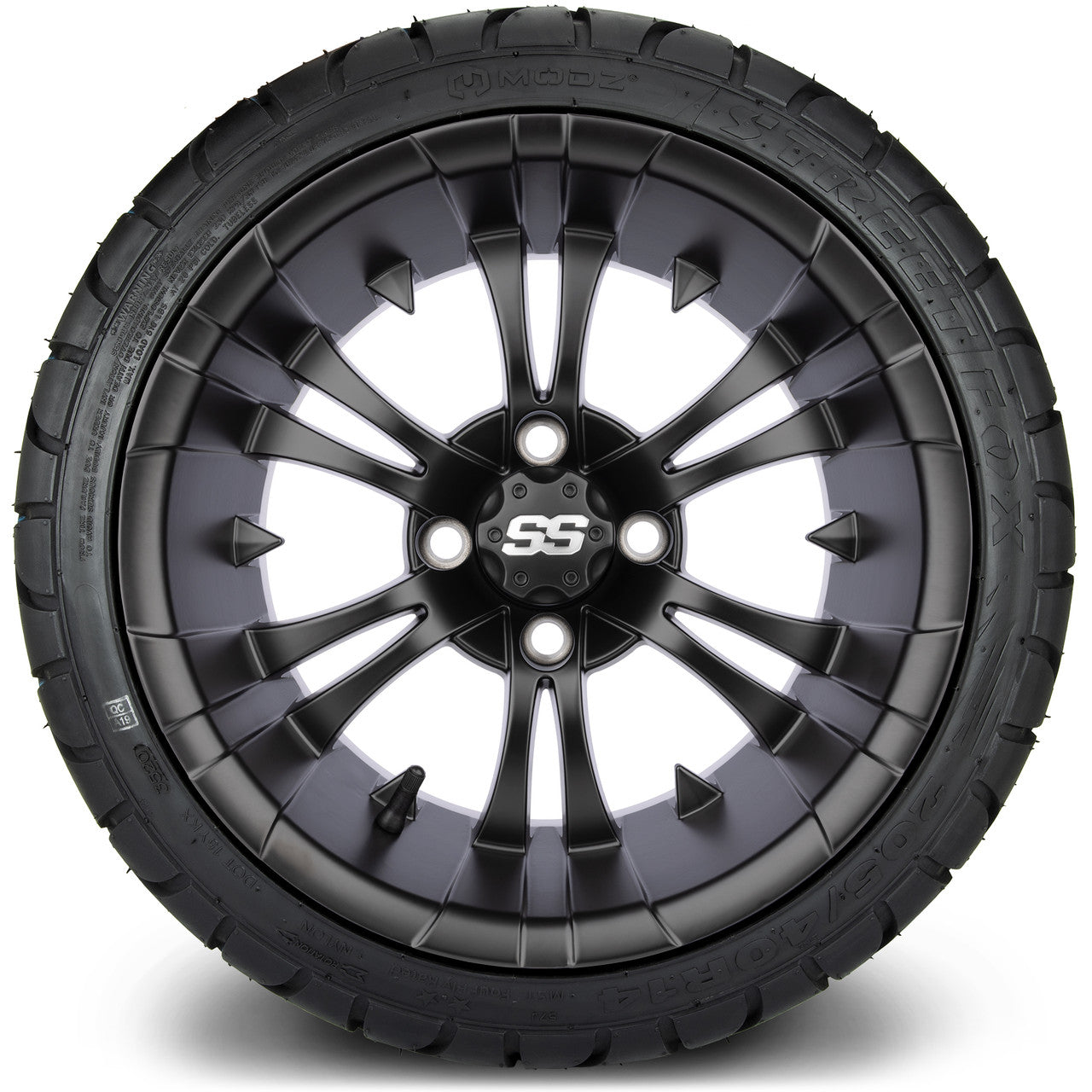 MODZ® 14" Vampire Matte Black Wheels & Street Tires Combo (Arisun Cruze 205/30-14)