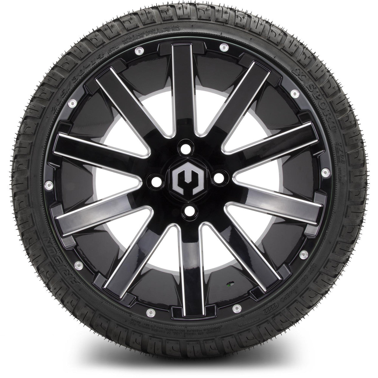 MODZ® 14" Mauler Glossy Black with Ball Mill Wheels & Street Tires Combo (Odyssey Tesseract Steel Belted Radial 215/50-14)