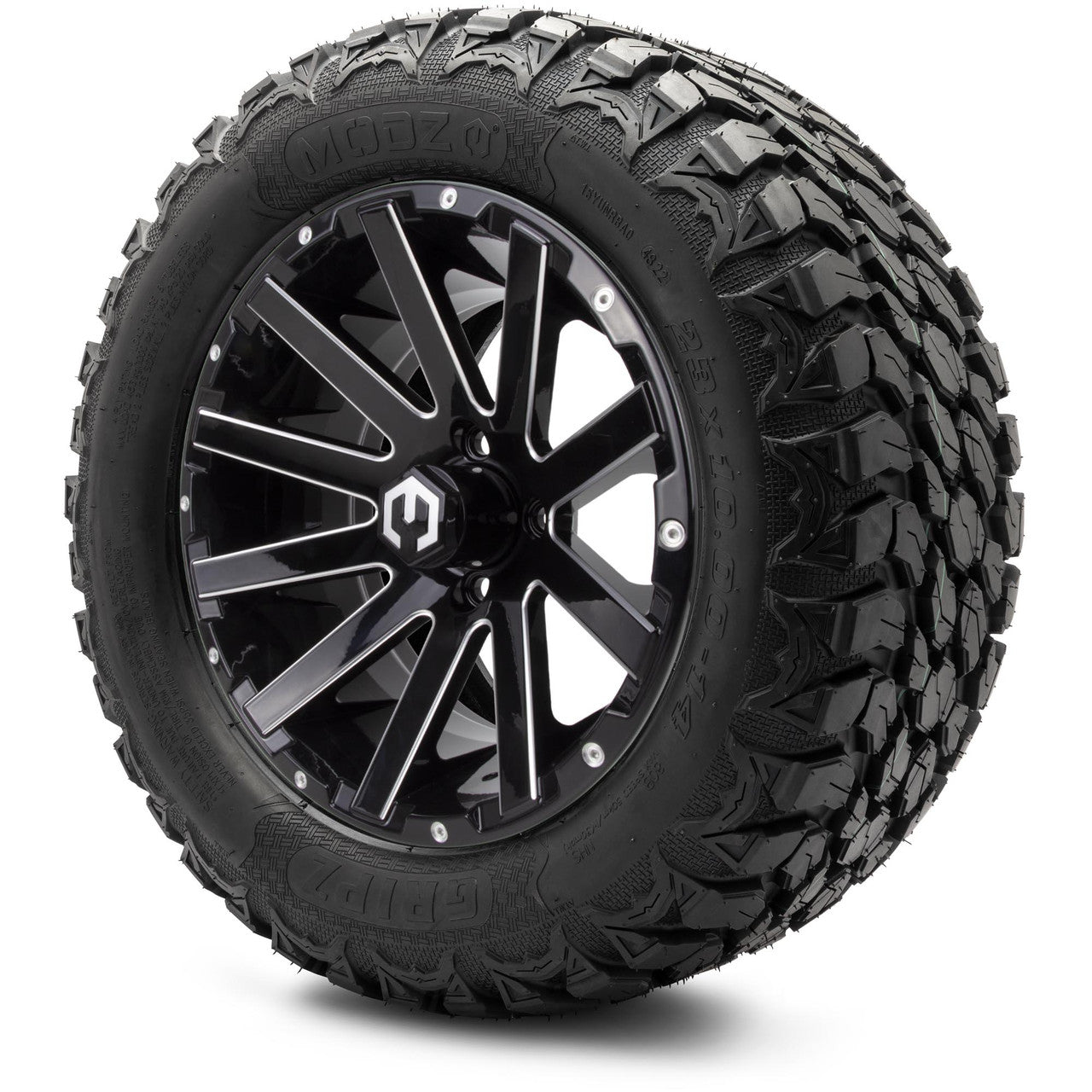 MODZ® 14" Mauler Glossy Black with Ball Mill Wheels & Off-Road Tires Combo (Xcomp Gladiator 23-10-14 Radial)