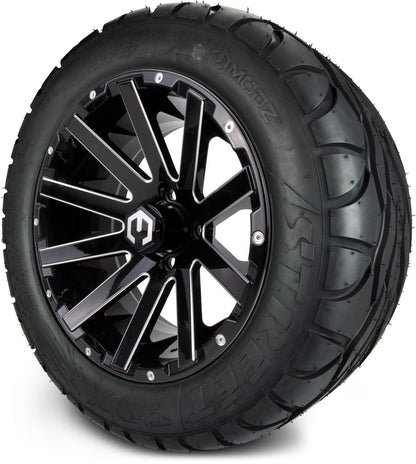 MODZ® 14" Mauler Glossy Black with Ball Mill Wheels & Street Tires Combo (Odyssey Tesseract Steel Belted Radial 215/35-14)