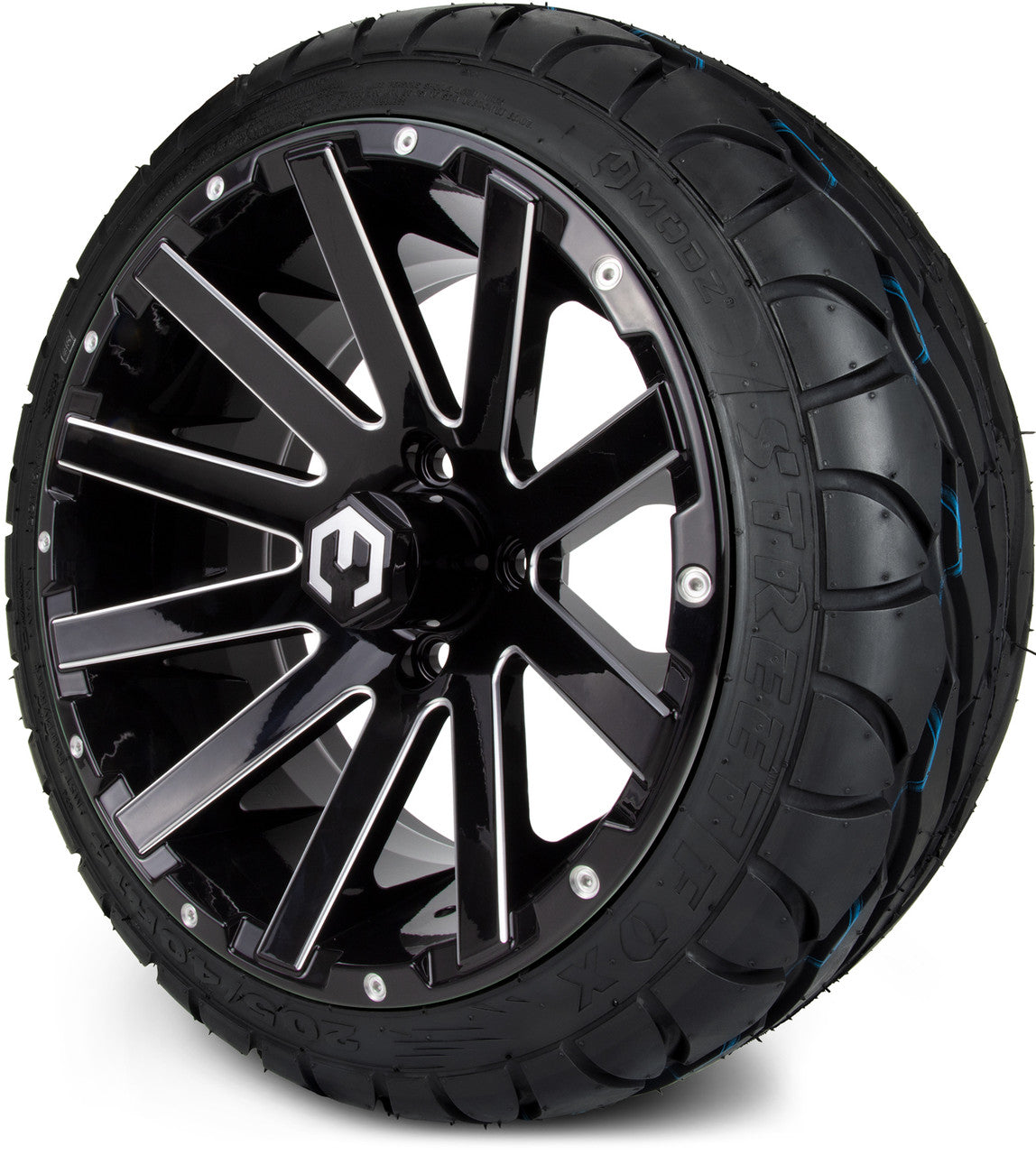 MODZ® 14" Mauler Glossy Black with Ball Mill Wheels & Street Tires Combo (MODZ Street Fox Radial 205/40-14)