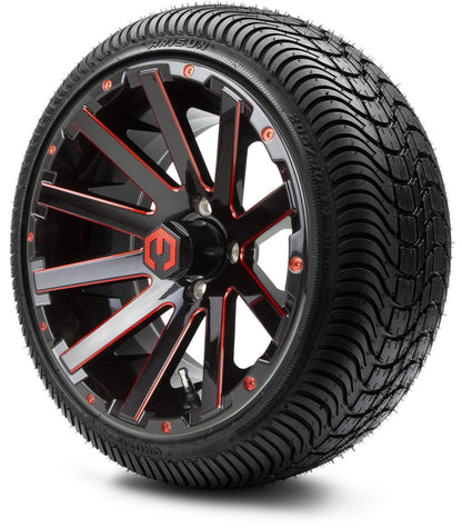 MODZ® 14" Mauler Glossy Black and Red with Ball Mill Wheels & Street Tires Combo (Odyssey Tesseract Steel Belted Radial 215/35-14)