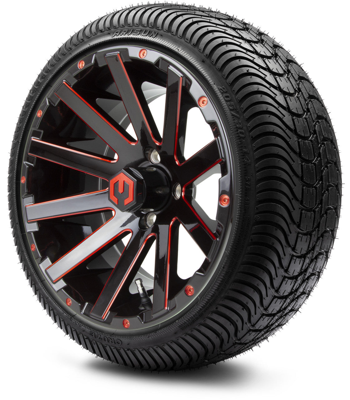 MODZ® 14" Mauler Glossy Black and Red with Ball Mill Wheels & Street Tires Combo (Odyssey Tesseract Steel Belted Radial 215/50-14)