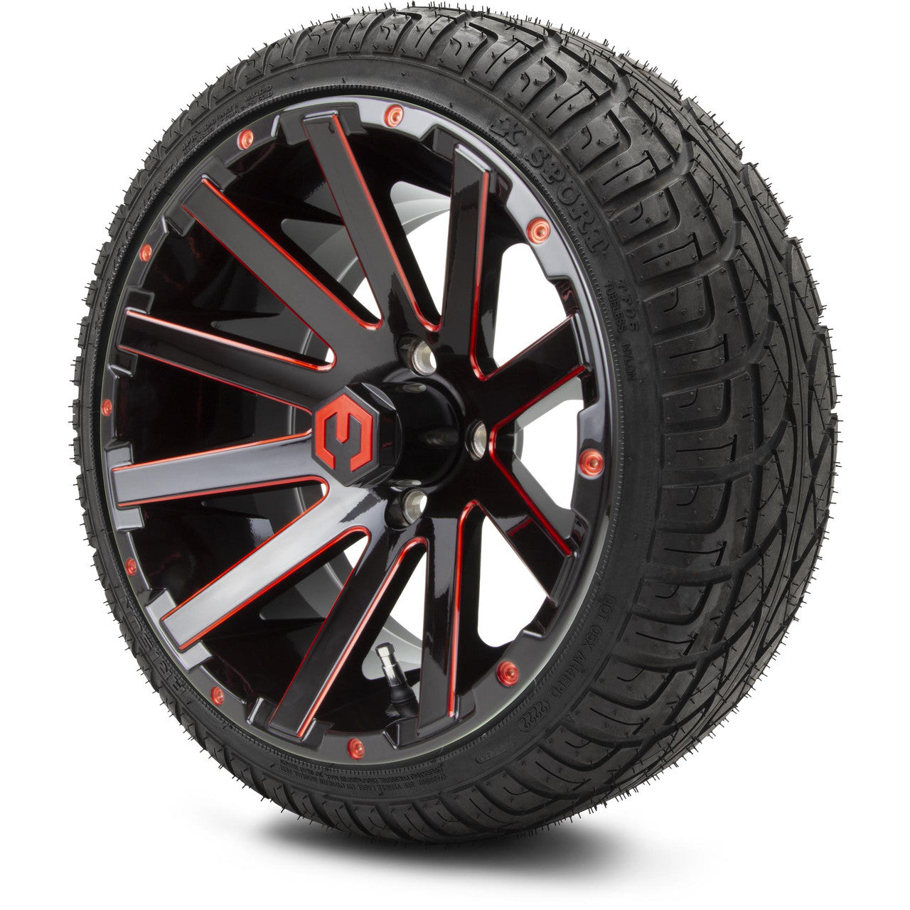 MODZ® 14" Mauler Glossy Black and Red with Ball Mill Wheels & Street Tires Combo (Odyssey Tesseract Steel Belted Radial 215/50-14)