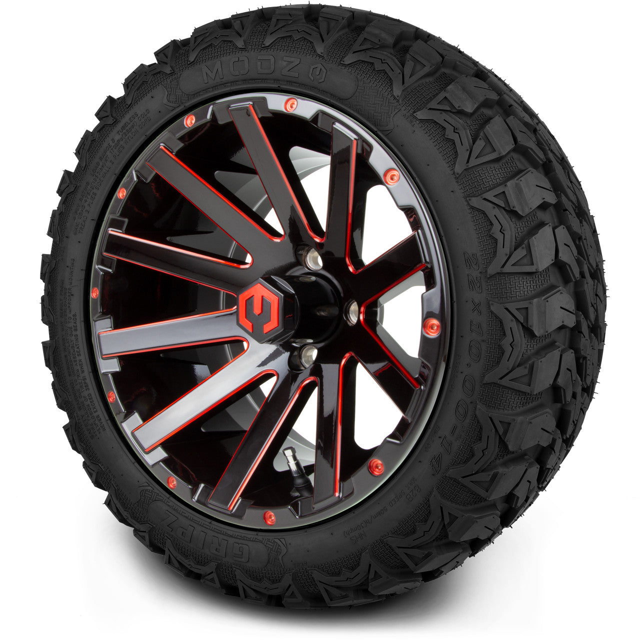 MODZ® 14" Mauler Glossy Black and Red with Ball Mill Wheels & Off-Road Tires Combo (Arisun X-Armory All-Terrain 23x10-14 Radial)