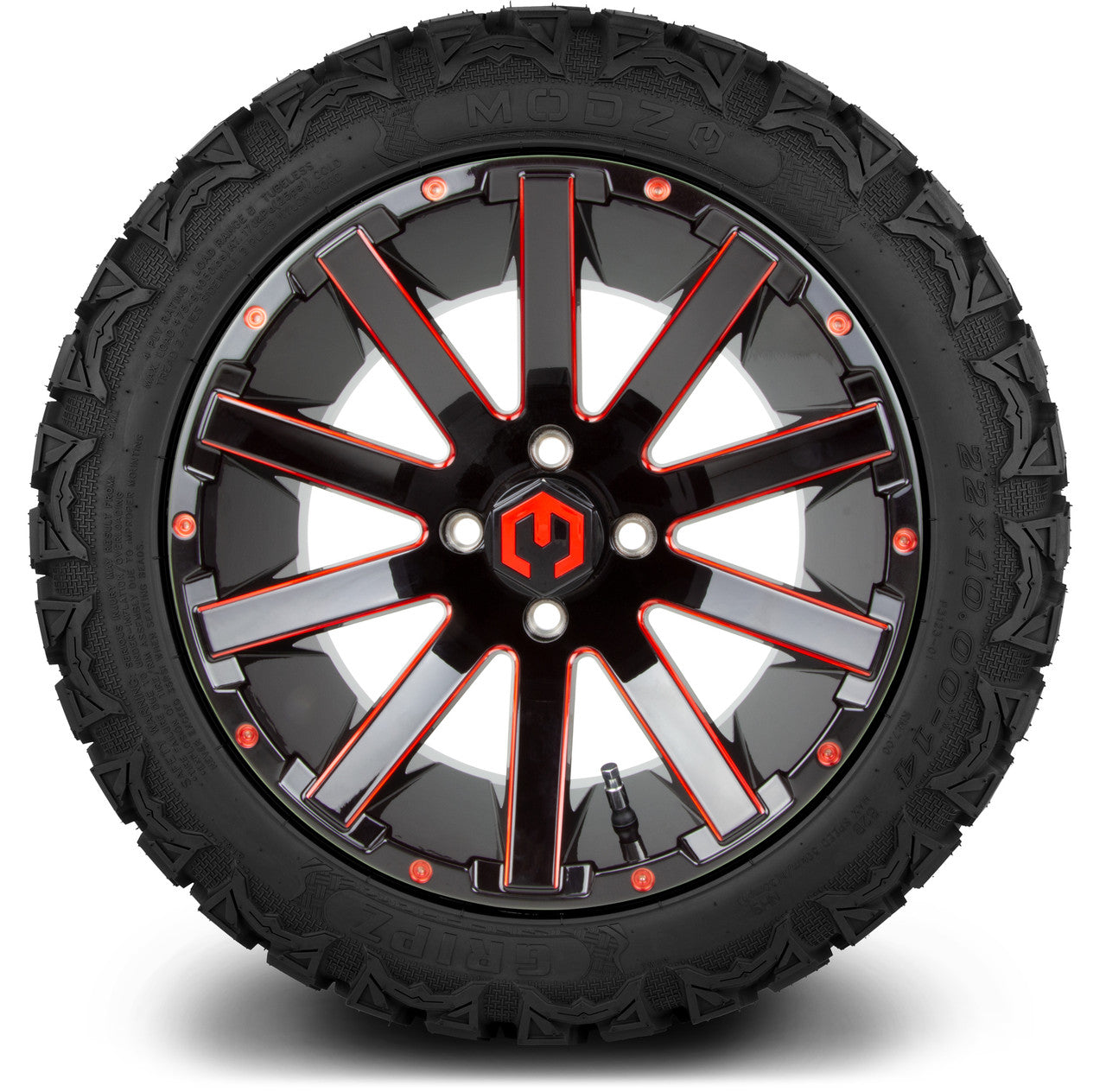 MODZ® 14" Mauler Glossy Black and Red with Ball Mill Wheels & Off-Road Tires Combo (Arisun X-Armory All-Terrain 23x10-14 Radial)