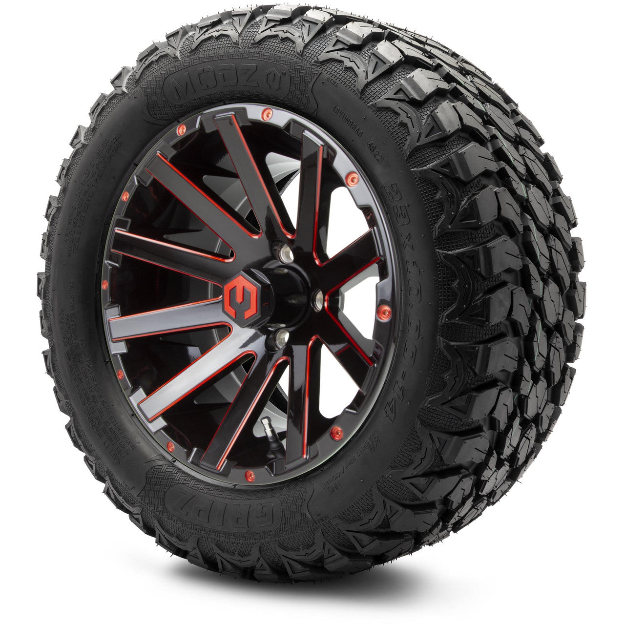 MODZ® 14" Mauler Glossy Black and Red with Ball Mill Wheels & Off-Road Tires Combo (Xcomp Gladiator 23-10-14 Radial)