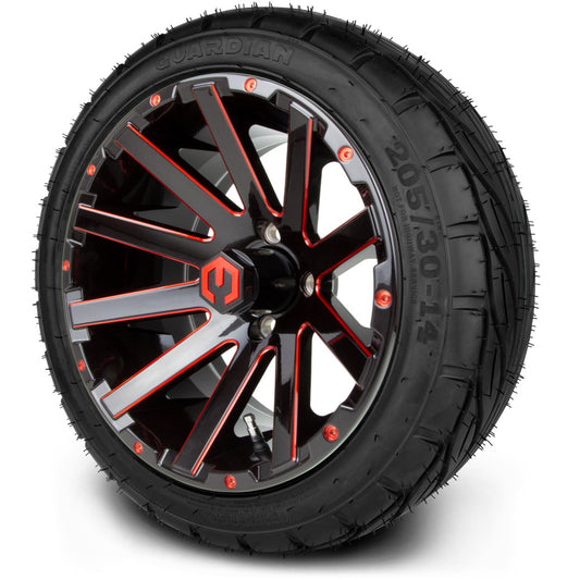 MODZ® 14" Mauler Glossy Black and Red with Ball Mill Wheels & Street Tires Combo (MODZ Guardian 205/30-14)