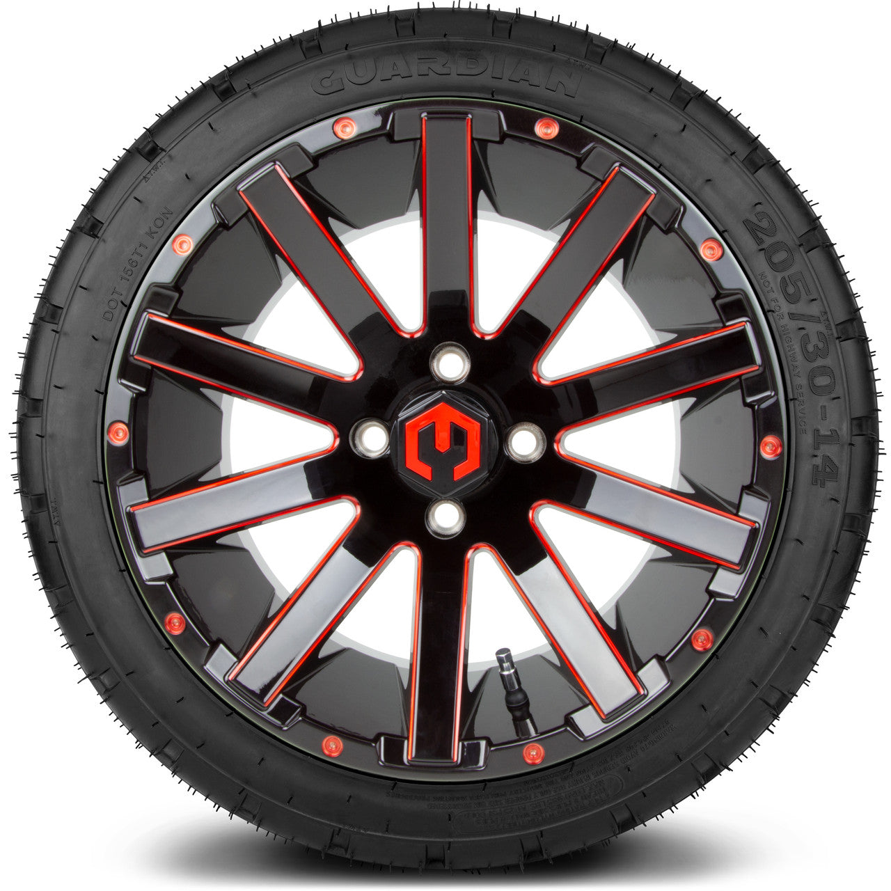 MODZ® 14" Mauler Glossy Black and Red with Ball Mill Wheels & Street Tires Combo (Odyssey Tesseract Steel Belted Radial 215/50-14)