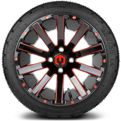 MODZ® 14" Mauler Glossy Black and Red with Ball Mill Wheels & Street Tires Combo (Odyssey Tesseract Steel Belted Radial 215/50-14)
