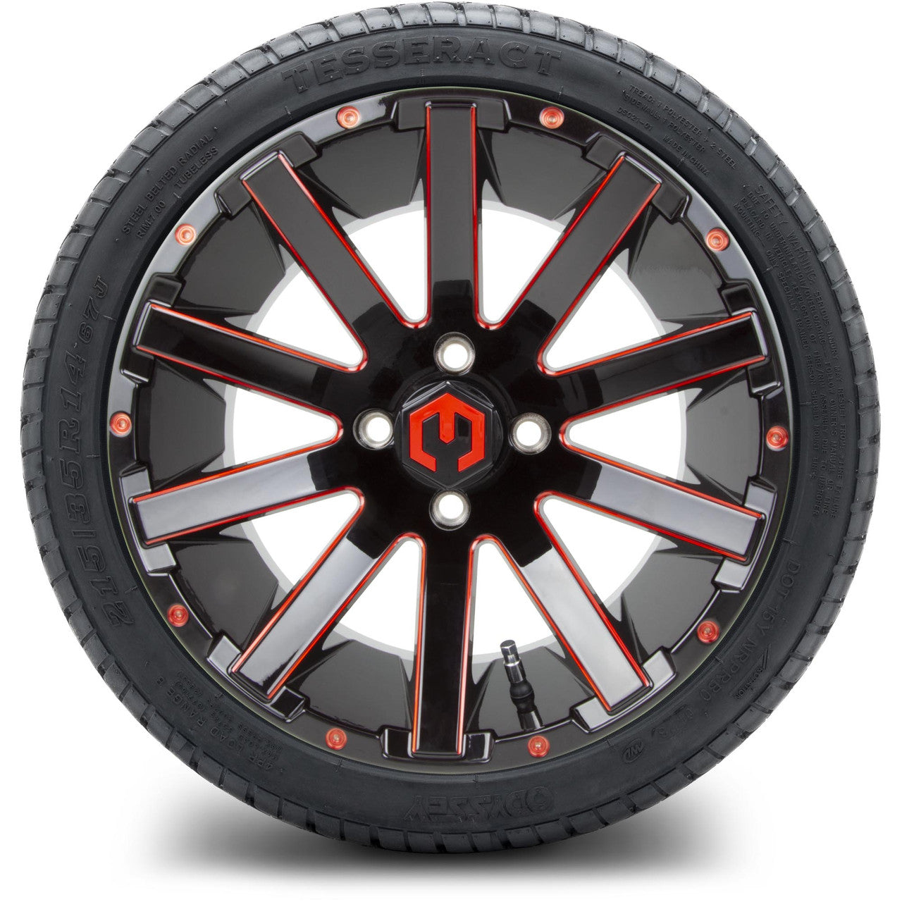 MODZ® 14" Mauler Glossy Black and Red with Ball Mill Wheels & Street Tires Combo (Odyssey Tesseract Steel Belted Radial 215/50-14)
