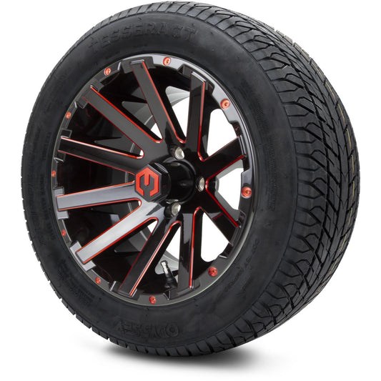 MODZ® 14" Mauler Glossy Black and Red with Ball Mill Wheels & Street Tires Combo (Odyssey Tesseract Steel Belted Radial 215/50-14)