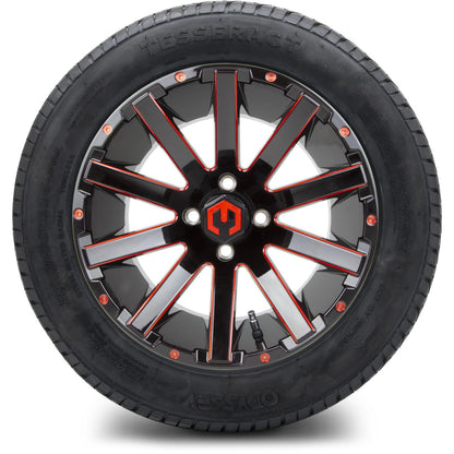 MODZ® 14" Mauler Glossy Black and Red with Ball Mill Wheels & Street Tires Combo (Odyssey Tesseract Steel Belted Radial 215/50-14)