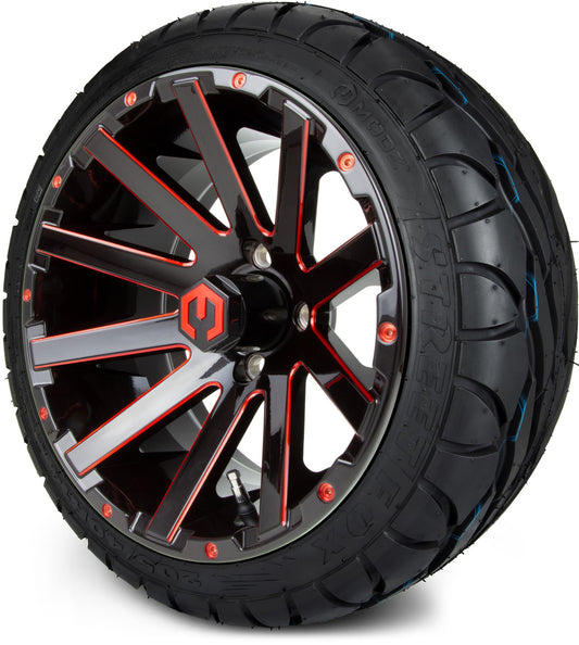 MODZ® 14" Mauler Glossy Black and Red with Ball Mill Wheels & Street Tires Combo (MODZ Street Fox Radial 205/40-14)