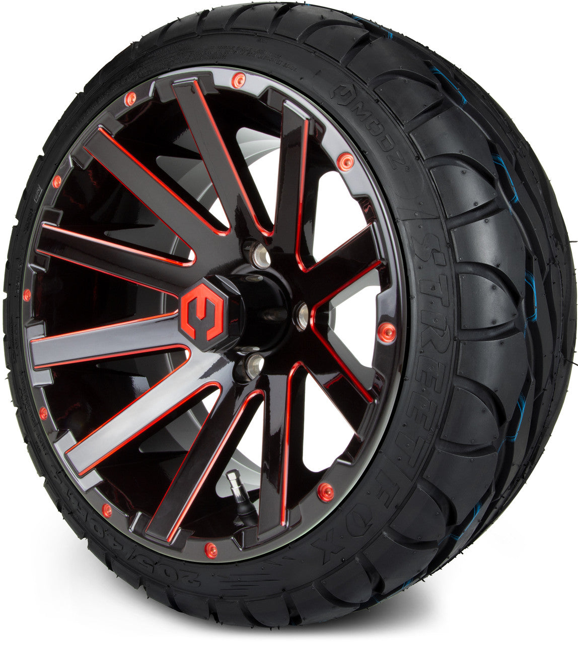 MODZ® 14" Mauler Glossy Black and Red with Ball Mill Wheels & Street Tires Combo (Arisun Cruze 205/30-14)