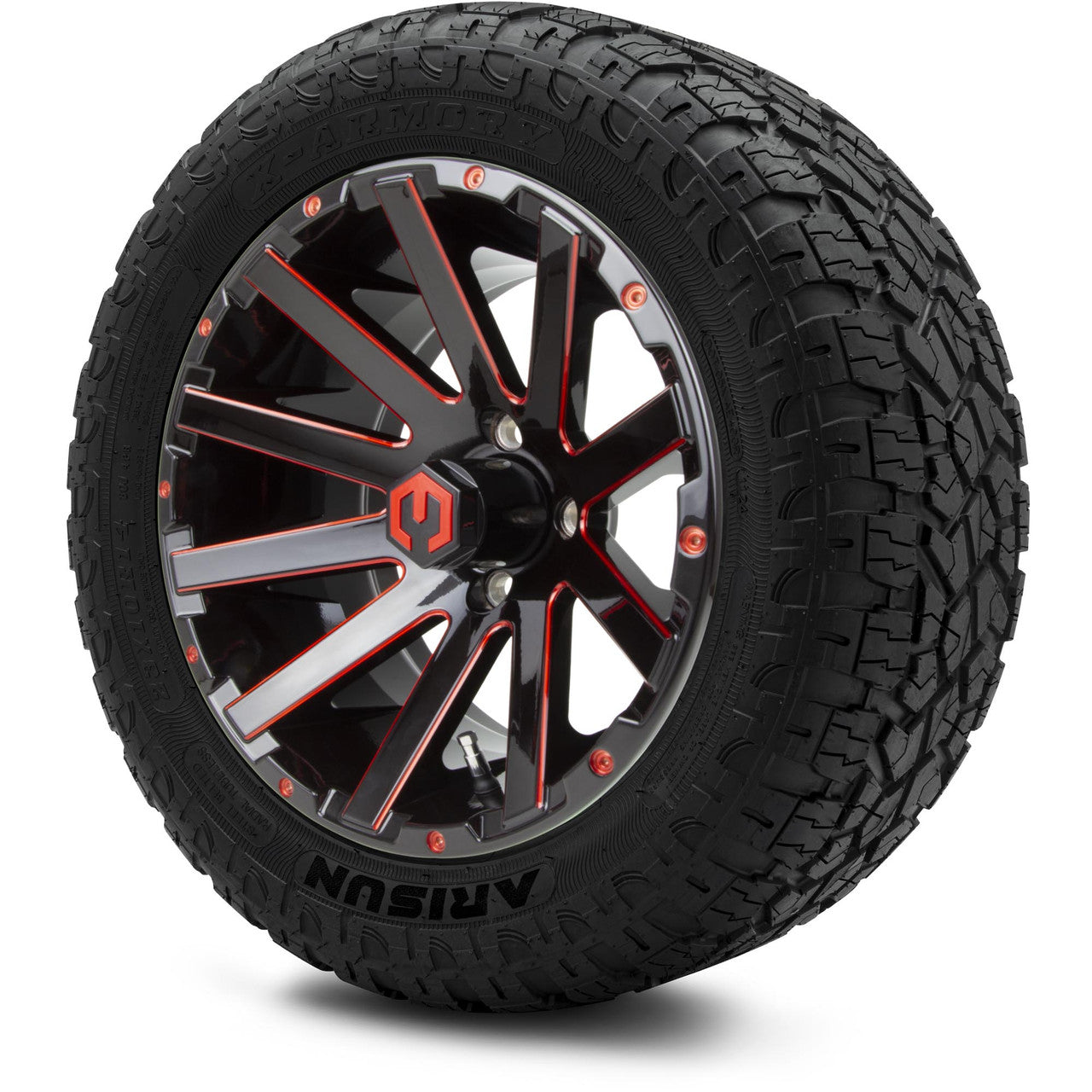 MODZ® 14" Mauler Glossy Black and Red with Ball Mill Wheels & Off-Road Tires Combo (Arisun X-Armory All-Terrain 23x10-14 Radial)