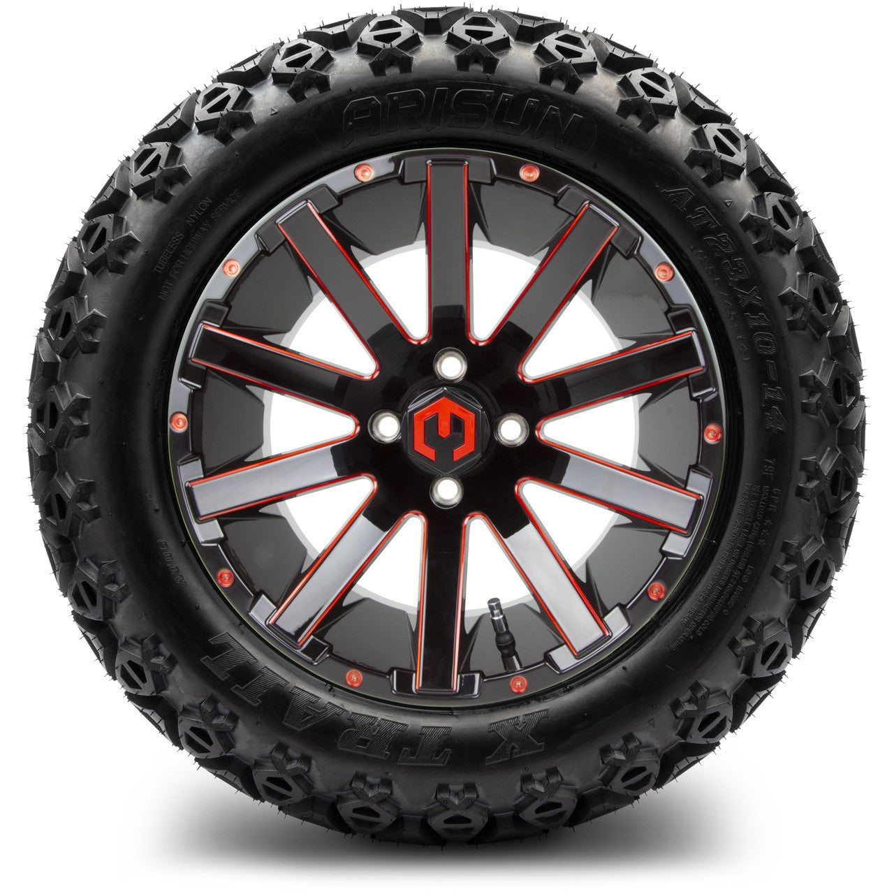 MODZ® 14" Mauler Glossy Black and Red with Ball Mill Wheels & Off-Road Tires Combo (Xcomp Gladiator 23-10-14 Radial)