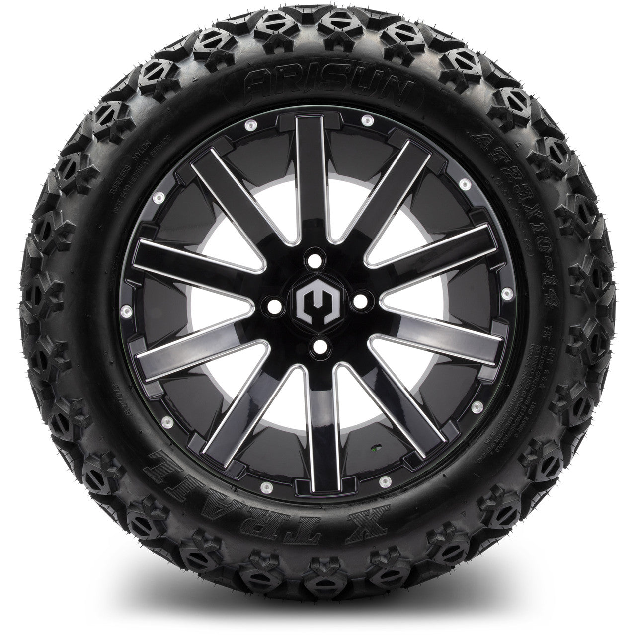 MODZ® 14" Mauler Glossy Black with Ball Mill Wheels & Off-Road Tires Combo (Arisun X-Trail All-Terrain 23x10-14)