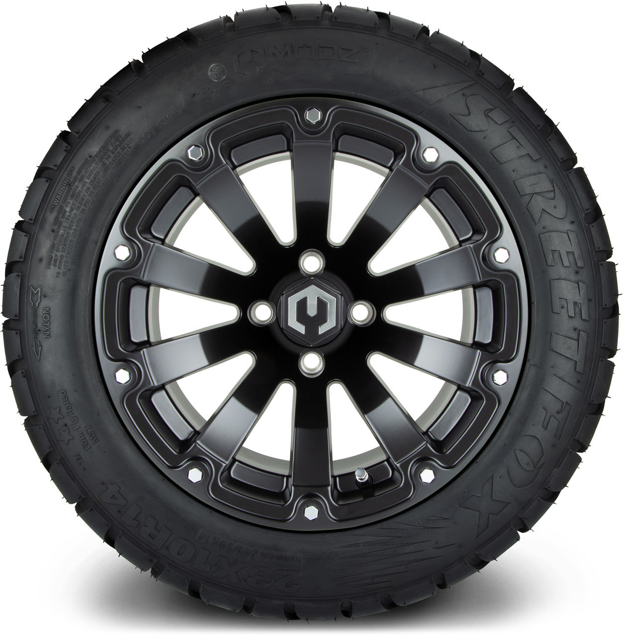 MODZ® 14" Bomber Matte Black Wheels & Street Tires Combo (Odyssey Tesseract Steel Belted Radial 215/50-14)