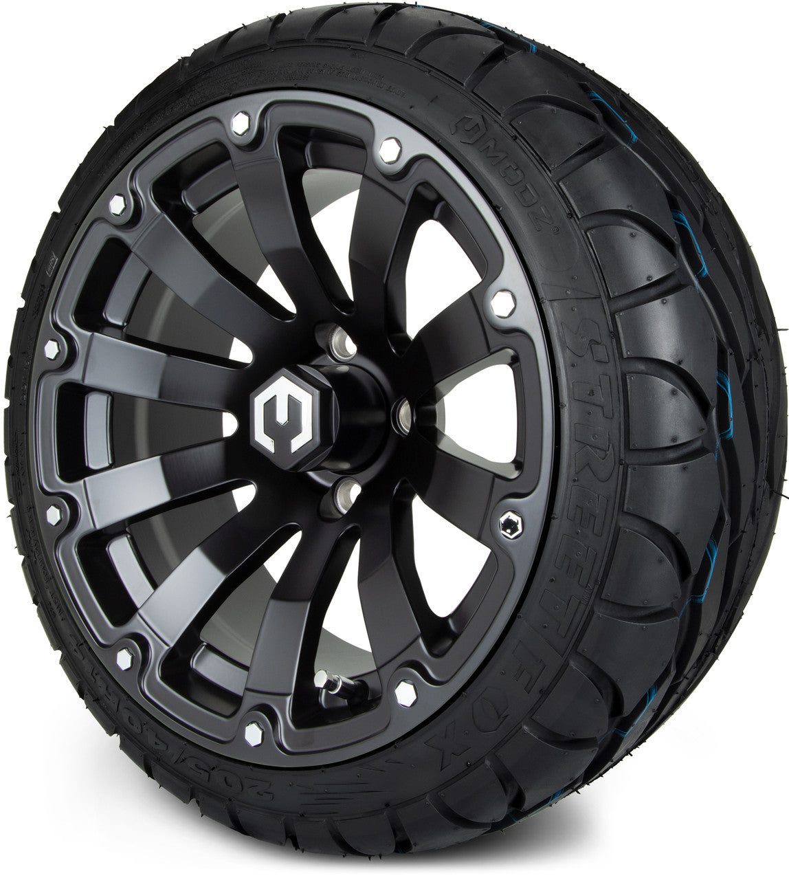 MODZ® 14" Bomber Matte Black Wheels & Street Tires Combo (Odyssey Tesseract Steel Belted Radial 215/35-14)