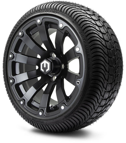 MODZ® 14" Bomber Matte Black Wheels & Street Tires Combo (Odyssey Tesseract Steel Belted Radial 215/35-14)