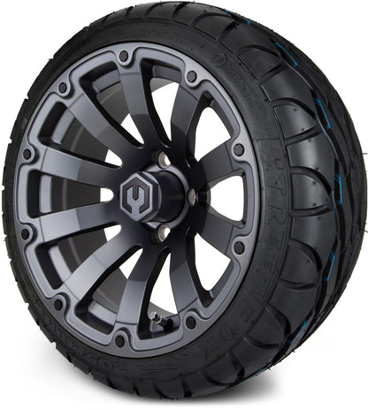MODZ® 14" Bomber Matte Gunmetal Wheels & Street Tires Combo (Odyssey Tesseract Steel Belted Radial 215/50-14)