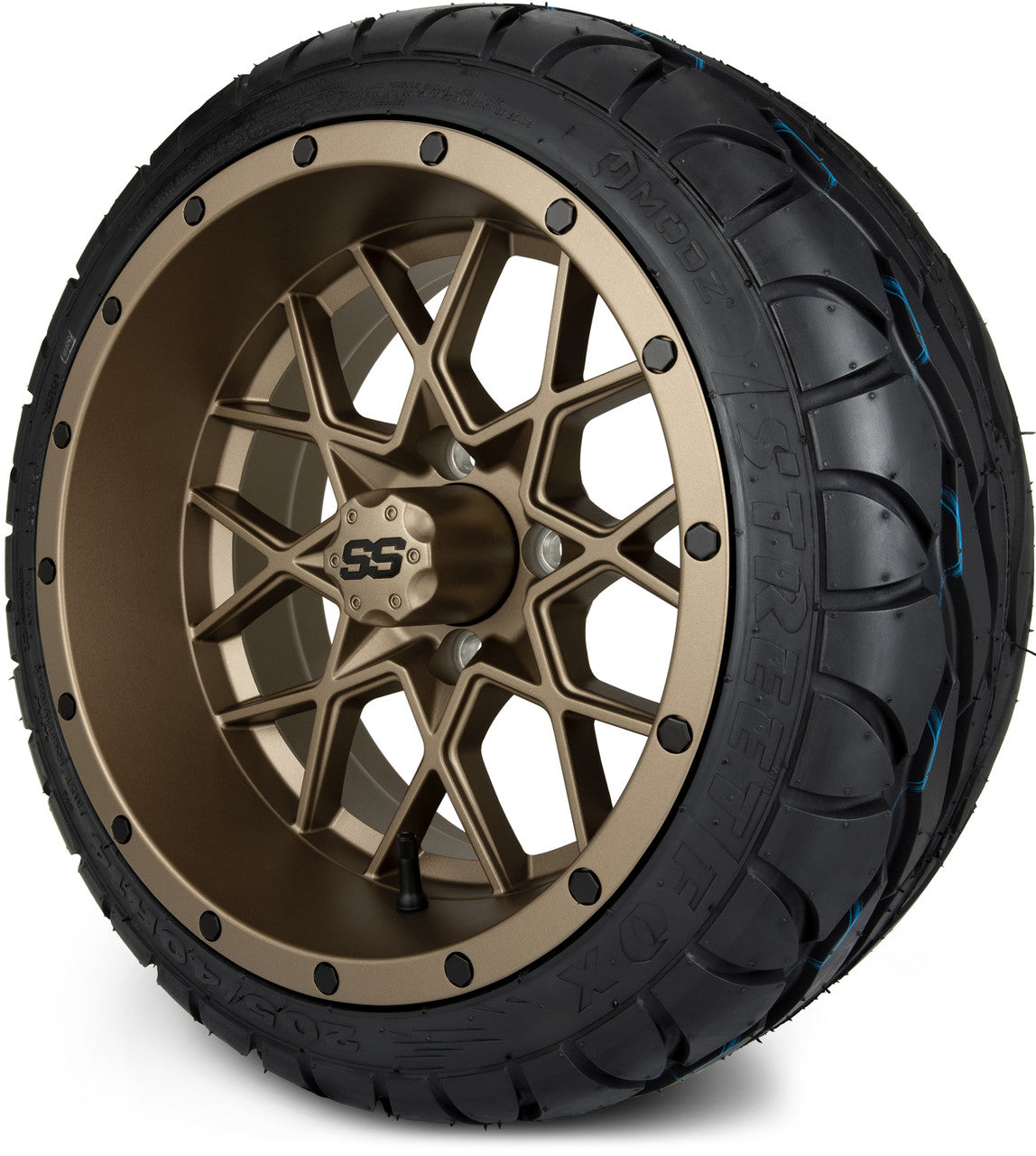 MODZ® 14" Vortex Matte Bronze Wheels & Street Tires Combo (Odyssey Tesseract Steel Belted Radial 215/50-14)