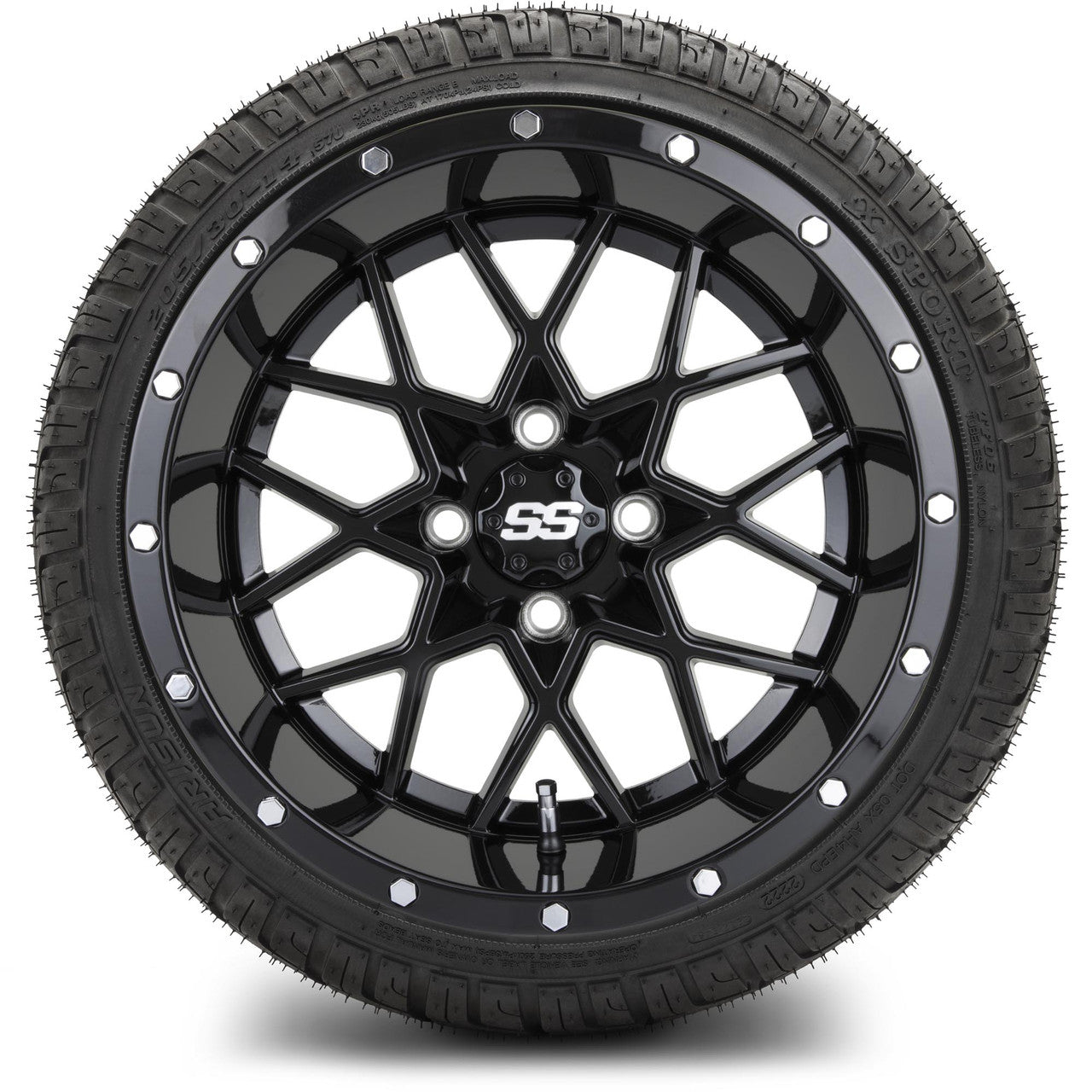 MODZ® 14" Vortex Glossy Black Wheels & Street Tires Combo (Odyssey Tesseract Steel Belted Radial 215/35-14)