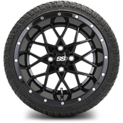 MODZ® 14" Vortex Glossy Black Wheels & Street Tires Combo (Odyssey Tesseract Steel Belted Radial 215/35-14)