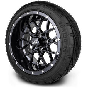 MODZ® 14" Vortex Glossy Black Wheels & Street Tires Combo (MODZ Guardian 205/30-14)